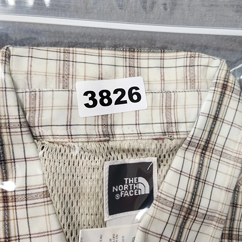 The North Face Mens Cream Brown Plaid Short Sleeve Button Down Shirt Size Medium